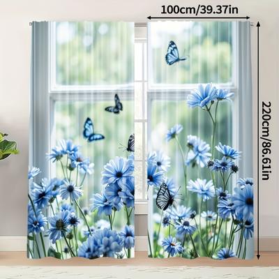 TEMU 2pcs Violet Print Sheer Curtains - Thermal Insulating & Room Darkening, Semi-transparent Polyester Yarn With 3d For Living Room Or Bedroom Decor, Curtains For Living Room Image