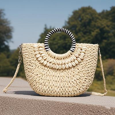 TEMU 1pc Luxury Straw Tote Bag With Unique Shell Embellishment, Shoulder Strap And Lining, Summer Beach Holiday Handbag For Women, Casual Beach Bag|elegant Accessory|polyester Line Image