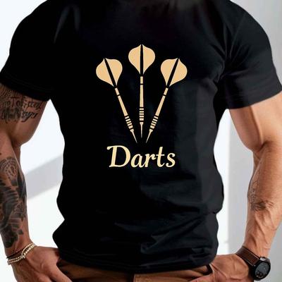 TEMU Plus Size Men's T-shirt With Dart Graphics - Casual Black Polyester Tee, Round Neck, Machine Washable, Summer Wear, Plus Size Image