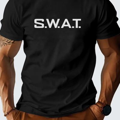 "TEMU Men's Casual Black Short-sleeve T-shirt - "swat" Print, Lightweight Polyester, Round Neck, Summer Essential For Casual Attire" Image