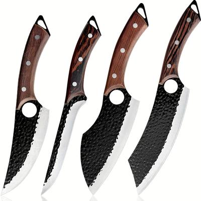 TEMU 4pcs Kitchen Knife Set, Hand Serbian Chef Knife & Meat Knife & Knives, Meat Cutting Kitchen Knife Set, Wood-handle Knife For Home, Outdoor Cooking, Camping Bbq, Restaurant Image