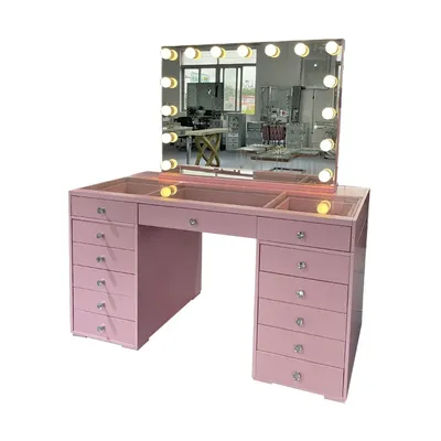 Modern Cute 13 Drawer Pink/ Rose Dresser With Hollywood Lamp Mirror For Bedrrom (15 days to make) (Cabinet needs to be installed