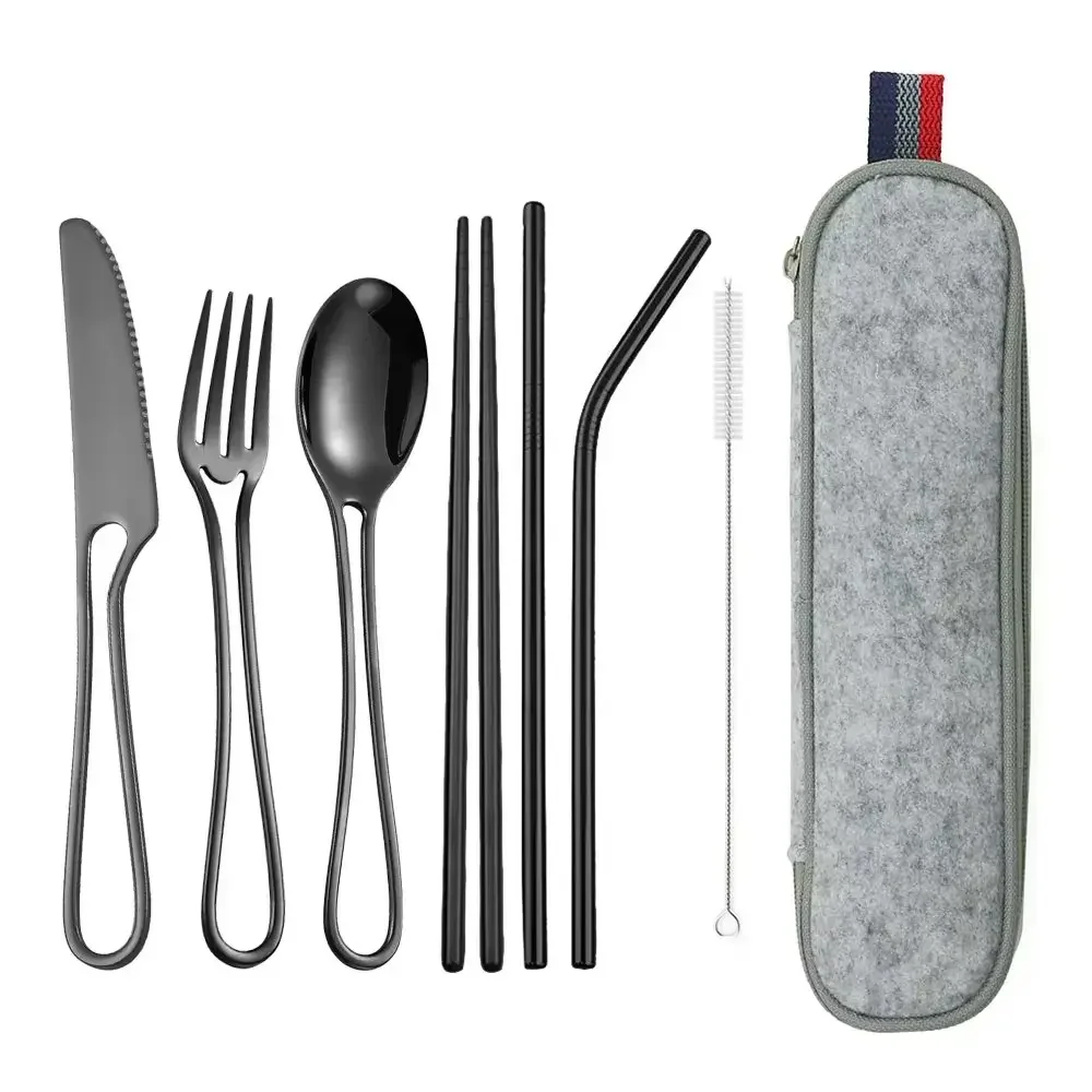 8-teiliges Geschirr, wiederverwendbares Reisebesteck-Set, Camp-Utensilien-Set mit Edelstahl, Löffel, Gabel, Stäbchen, Strohhalm, tragbarer Koffer Image