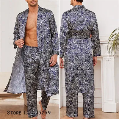 Langarm Herren Robe 2PCS Pyjamas Set Frühling Herbst Druck Kimono Bademantel Kleid Hosenanzüge Image