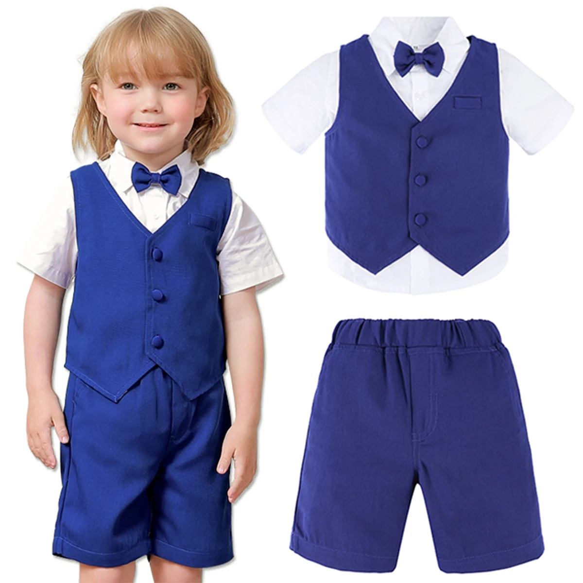 Baby Anzug Set Hochzeit Säugling Geburtstags feier Kostüm Kinder Zeremonie Outfit Gentleman Kurzarm Hemd Hosen Weste 3St Image