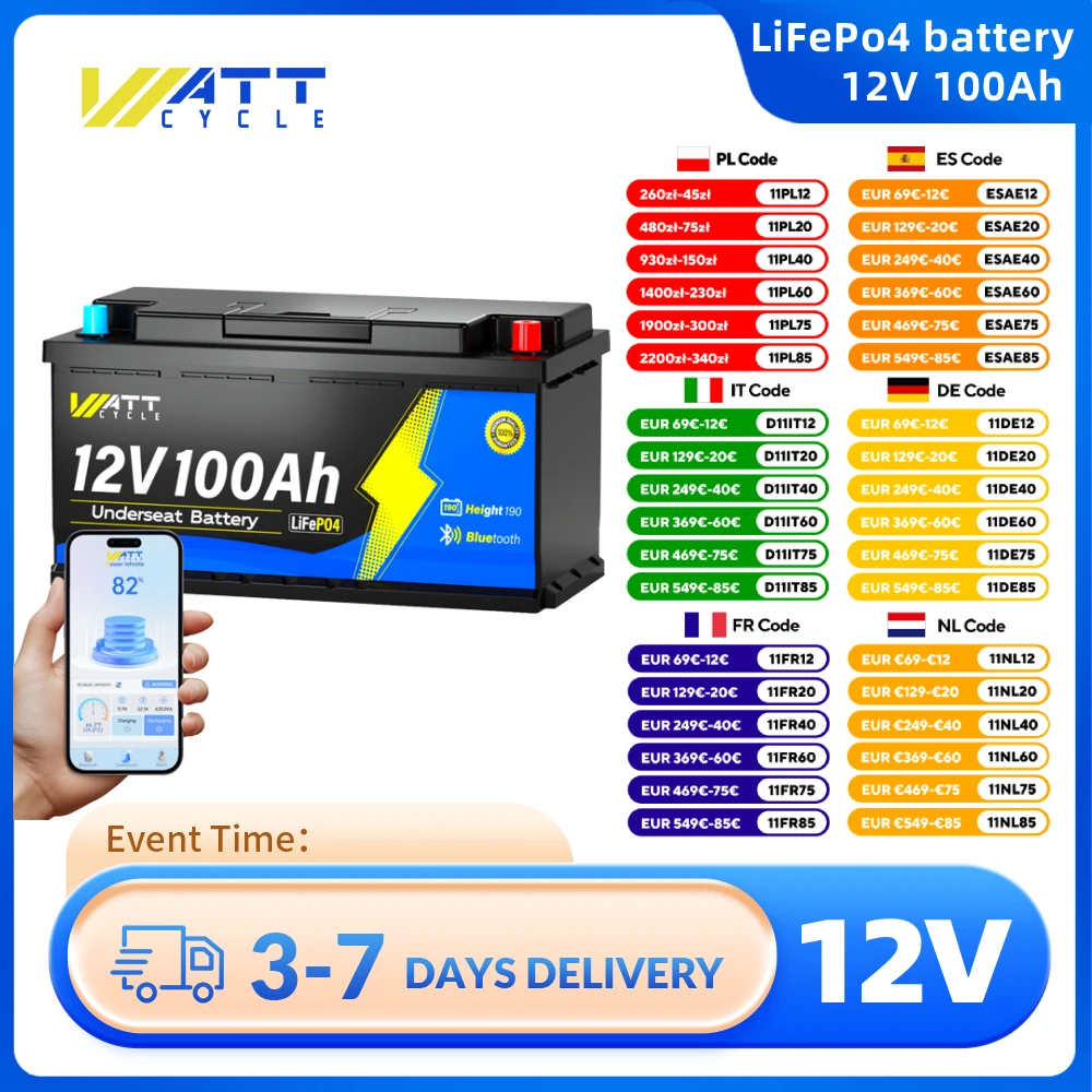 WattCycle Lithium-Eisenphosphat-Batterie 12V100AH 100A BMS-Schutz und Zellen der Güteklasse A+ wiederaufladbar Ht 190 mm für Golfwagen Image
