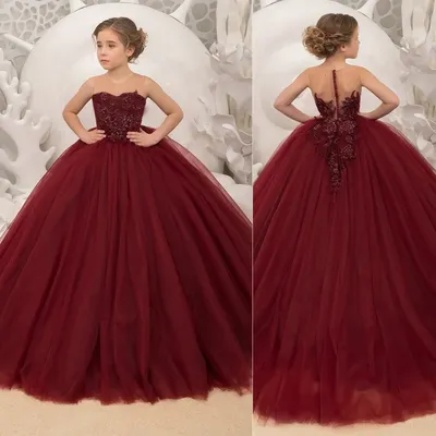 Burgunderrote Blumenmädchenkleider für die Hochzeit, Spitzenapplikationen, ärmellos, für Mädchen, Image