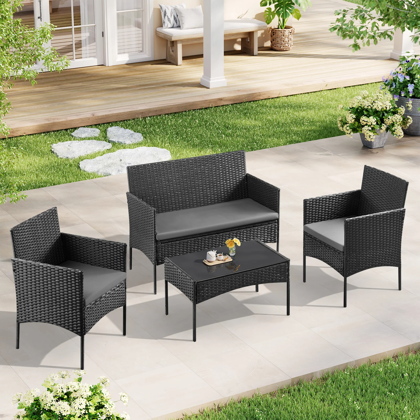 WOLTU 4-teiliges Rattan-Gartenmöbel-Set, Couchtisch, 2 Sessel und Sofa für 2-Sitzer, mit Kissen, wetterfest, für Balkon, Garten Image