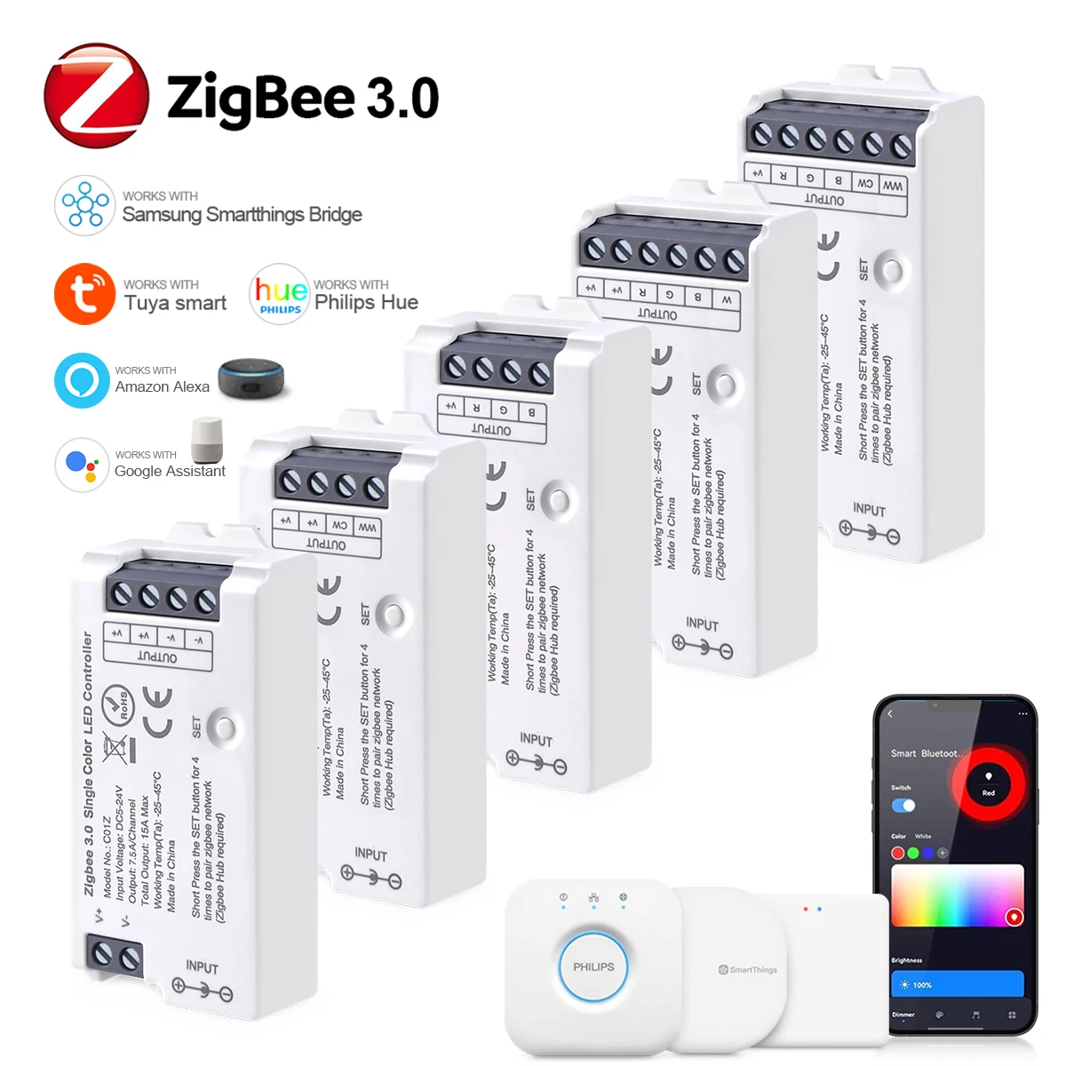 LED Zigbee Smart Switch 5-12V CCT RGBW Einfarbiges LED-Band Tuya LED-Controller, Smart Home LED-Streifen Wifi Dimmer RGB-Controller