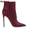 Surkova Burgund Königsblau Matt Leder Stiefeletten spitzen Zehen Stiletto Heels Stiefeletten Reiß verschluss Outdoor-Kleid Schuhe Größe 46