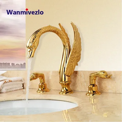 Bathroom Basin Faucet Deck Mounted Dual Handle Hot and Cold Water Mixer Sink Tap Golden Swan Basin