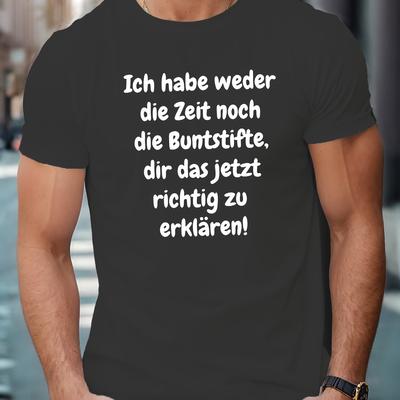 "TEMU Men's Funny German Quote Short Sleeve T-shirt - "ich Habe Die Zeitspanne, In Der Ich Noch Bereichert Werden" Print, Black Polyester Crew Neck Tee, Casual Summer Top For Adults" Image