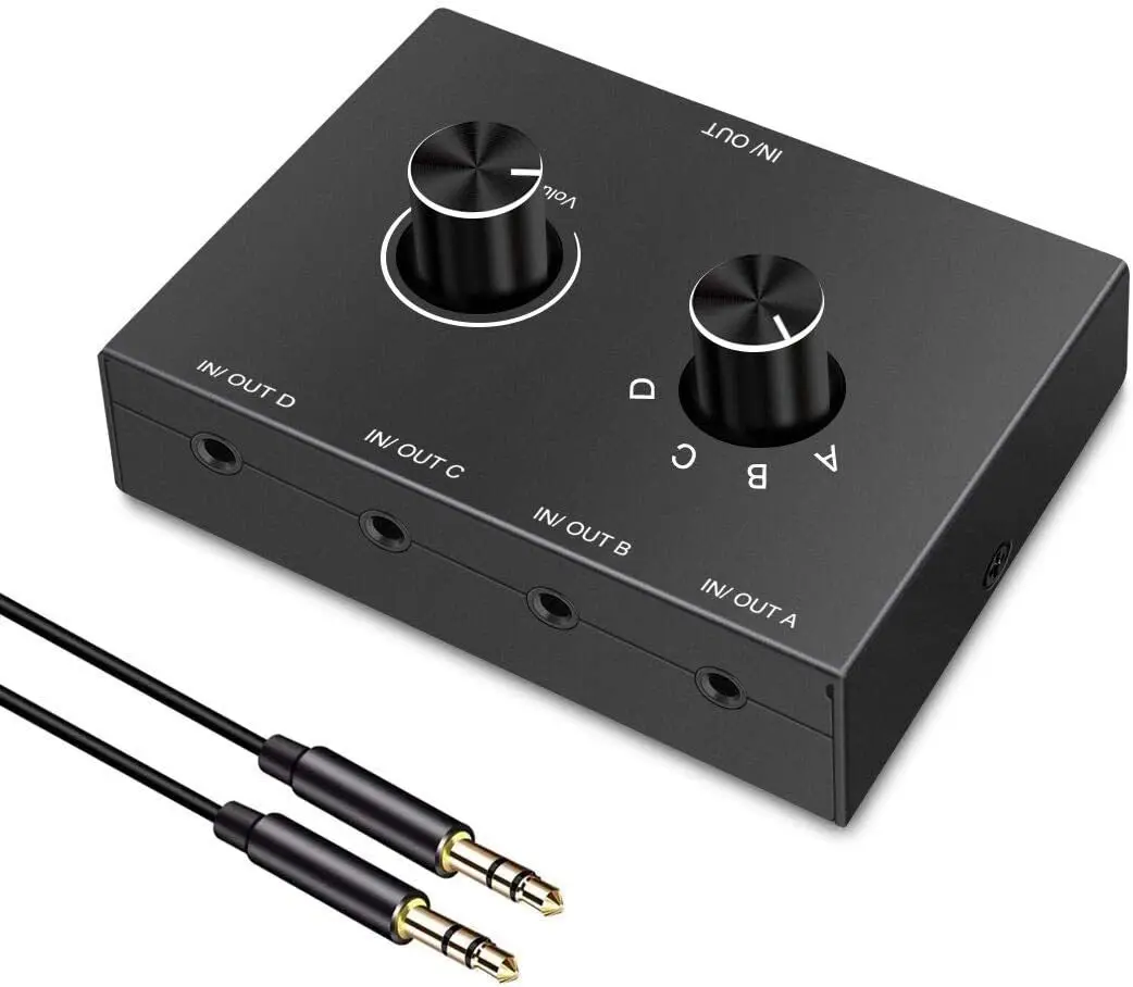 4-Wege/2-Wege 3,5 mm Stereo-Audio-Umschalter Bidirektionaler Audio-Umschalter-Splitter-Box 2 In 1 Out 4 In 1 Out mit Stummschalttaste Image