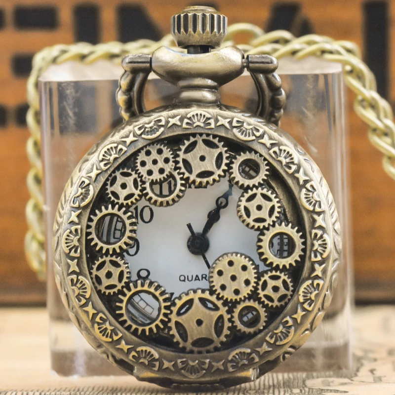 Small Vintage Bronze Steampunk Gear Carved Trumpet Quartz Pocket Watch Necklace Pendant Clock Chain Men Women Chain Gift Image