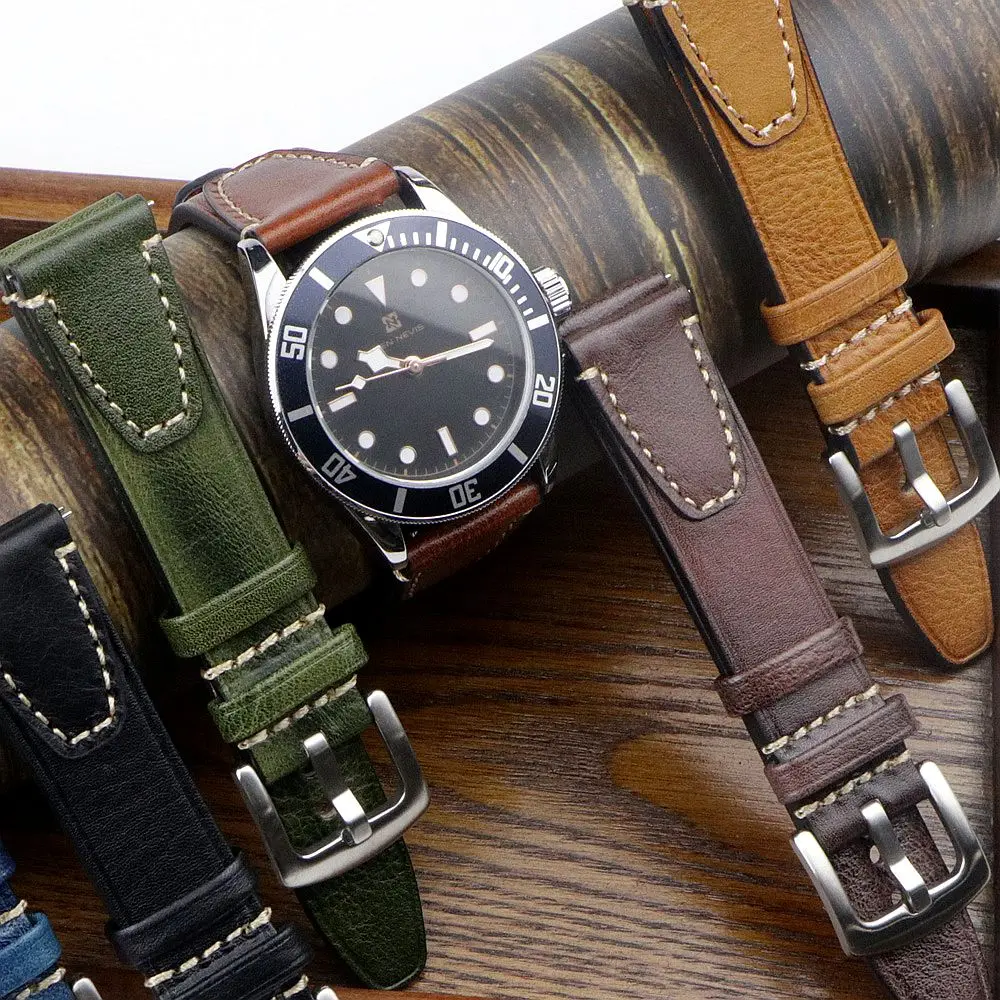 Hochwertiges handgefertigtes Vintage-Uhrenarmband, 18 mm, 20 mm, 22 mm, Schnellverschluss-Armbandzubehör mit silberner schwarzer Schnalle Image