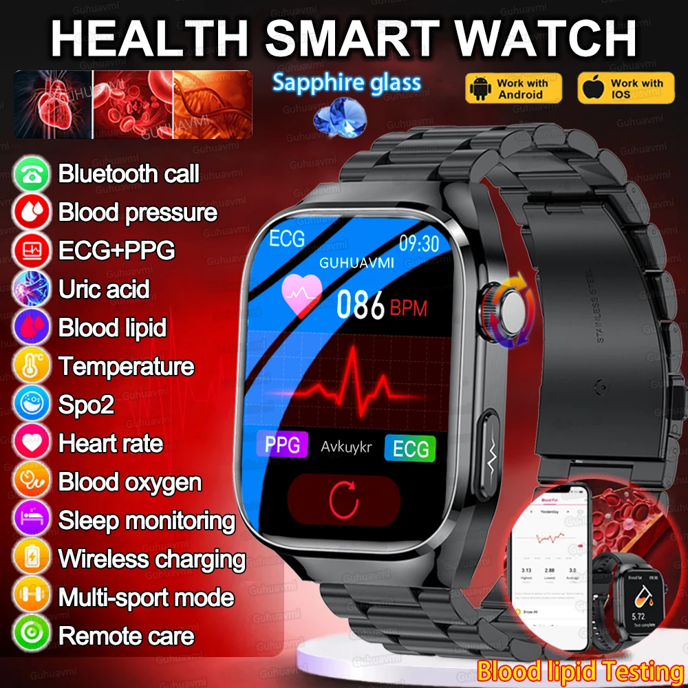 Neue Blutfett Harnsäure Körperfett Smartwatch Männer Mikro Körperliche Untersuchung Fünf Orgel Gesundheit Uhren Bluetooth Anruf SmartWatch Image