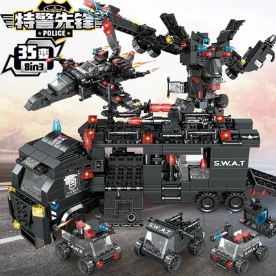 Spezielle Polizei Kommando LKW Bausteine Stadt Kämpfer Ziegel Kit Kinder Moc Boy Spielzeug Geschenk Image