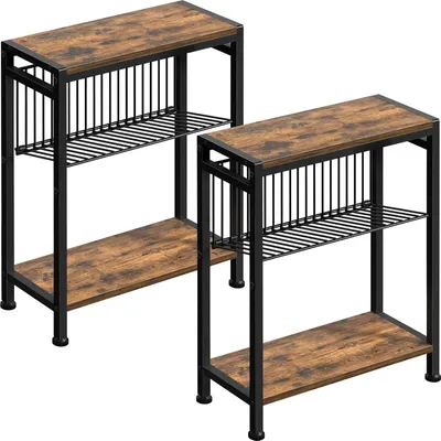 Small Side Table Set of 2 for Small Space, 3-Tier Narrow End Table with Magazine Holder, Slim