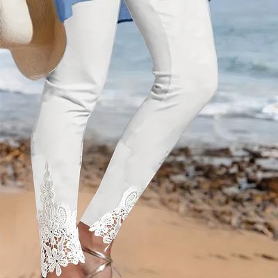 TEMU Women's Stretchy Slim-fit Capri Pants With Lace Trim - Solid Color Casual Trousers For Wear, Machine Washable & Versatile For Daily Or Casual , Seasonal Wear, Semitransparent Fabric Image