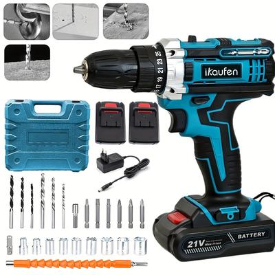 TEMU 21v Cordless Screwdriver Set Impact Drill Charger 2x Battery+set, Cordless Drill With 2 Mah Batteries Image
