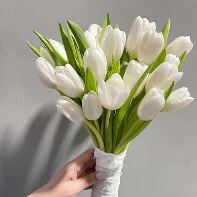 TEMU 10pcs Realistic White Artificial Tulip Bouquet - Lifelike Plastic Flowers For Vase Arrangements, Wedding & Engagement Decor, Valentine's Day, Day, Easter, Thanksgiving, Home Decoration Image