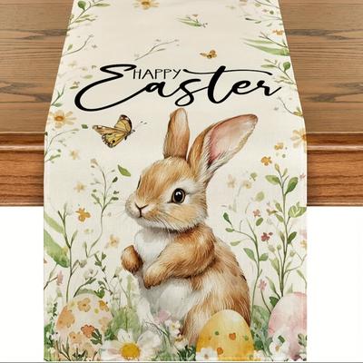TEMU 1pc, Bunny Rabbit Eggs Flowers Easter Table Runner, Seasonal Dining Table Decoration For Home Party Decor13 X 36, 13 X 48, 13 X 72, 13 X 108 Image