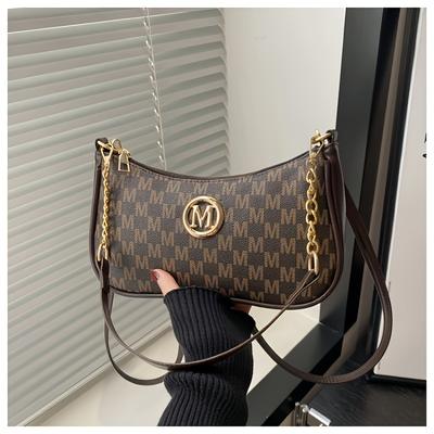 TEMU Vintage French-inspired Women's Shoulder Bag With Letter Print, Underarm Handbag With Chain Strap And Zip Closure, Elegant Small Crossbody Purse In Black, Small Crossbody Bag Image