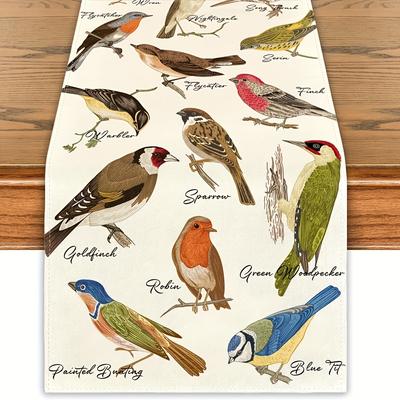TEMU 1pc Rustic Farmhouse Spring & Runner - Bird Illustrations On 100% Linen, Easter & Seasonal Home Gatherings - In 13x36, 13x48, 13x72, 13x108 Inches, Bird Decor Image