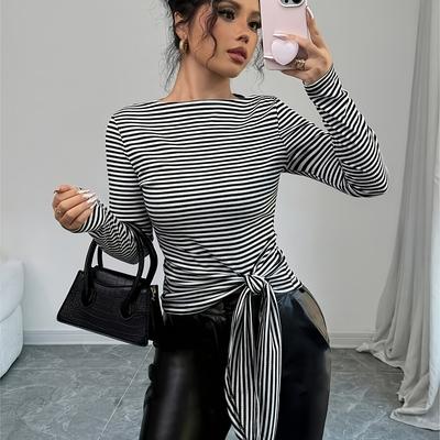 TEMU Women's Striped Crew Neck T-shirt, Polyester Blend, Long Sleeve, Regular Top With Knot Detail For Spring/summer/fall, Spring Summer Tee|relaxed Fit Tee|polyester Blend Shirt Image