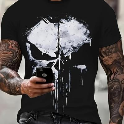 TEMU Men's Skull Graphic T-shirt - Black Short Sleeve Crew Neck, White Skull Design, Lightweight Polyester Fabric For Summer Casual Wear, Or Outdoor Outfits Image