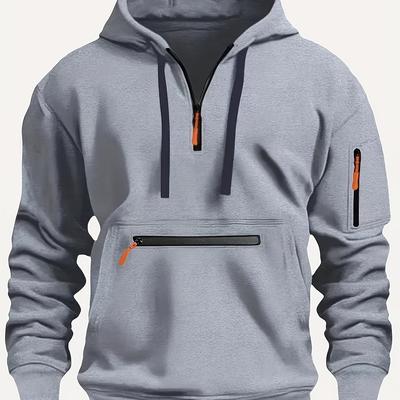 TEMU Men's Casual Zip-up Hoodie With Kangaroo Pocket - Thick, Warm Polyester Blend For Fall And Winter, Oversized Hoodie Image