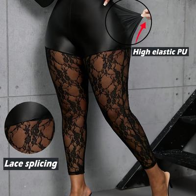 TEMU Large Size Women' Elastic Waist With Contrast Lace Hip Hugging Trousers Image