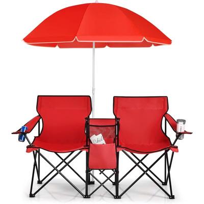 2-Sitzer Campingstuhl mit Sonnenschirm, Kühltasche, Getränkehalter & Seitentasche, klappbarer Image