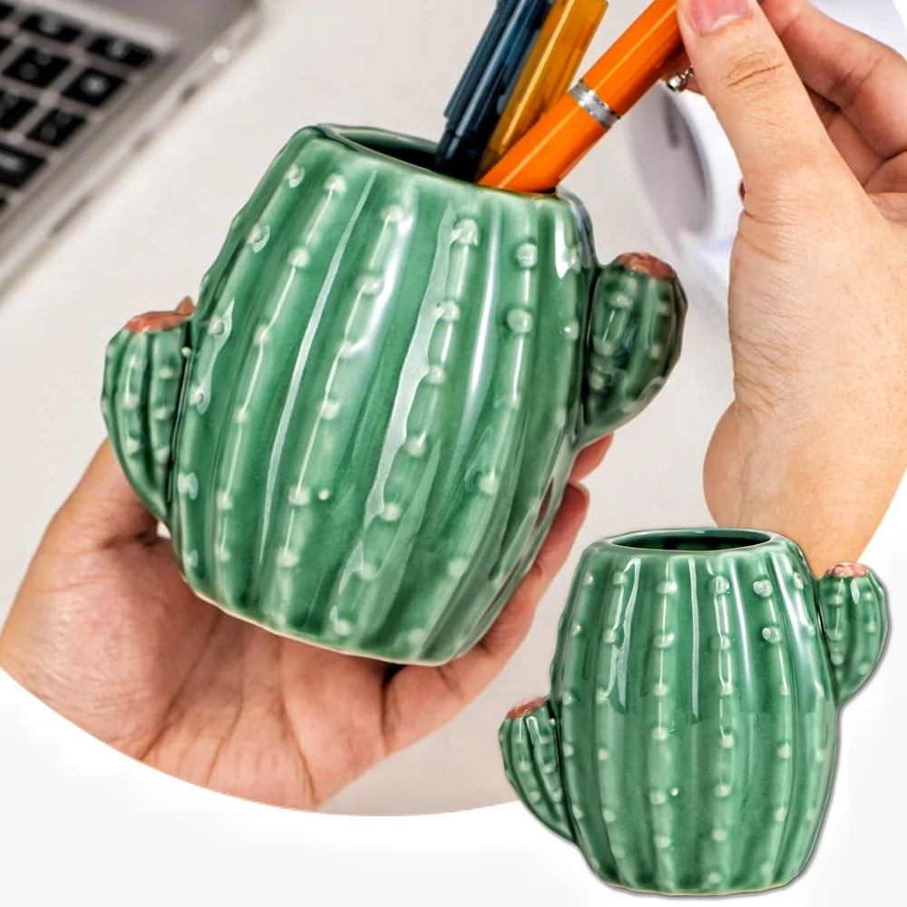 1 PC Kaktus Keramik Stifthalter Ständer Tasse Bleistifthalter Organizer Make-up Pinselhalter für Home Office Schreibtisch Grün Weiß Kaktus