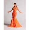 2025, Damen-Berühmtheit, sexy, ärmellos, Rüschen, glitzernde Pailletten, orangefarbenes Maxi-langes Kleid, elegantes Abend-Club-Party-Outfit
