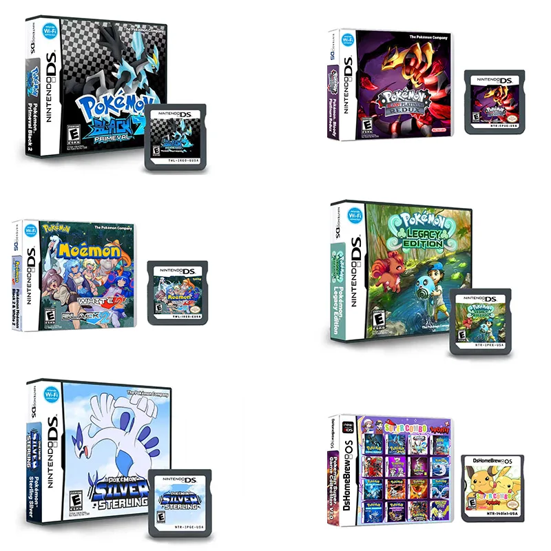 Anime Pokemon Series NDS Game Cartridge Video Game Console Moemon Silver Yellow KAIZO MoonBlack2 Hobby Collection Gifts Toys