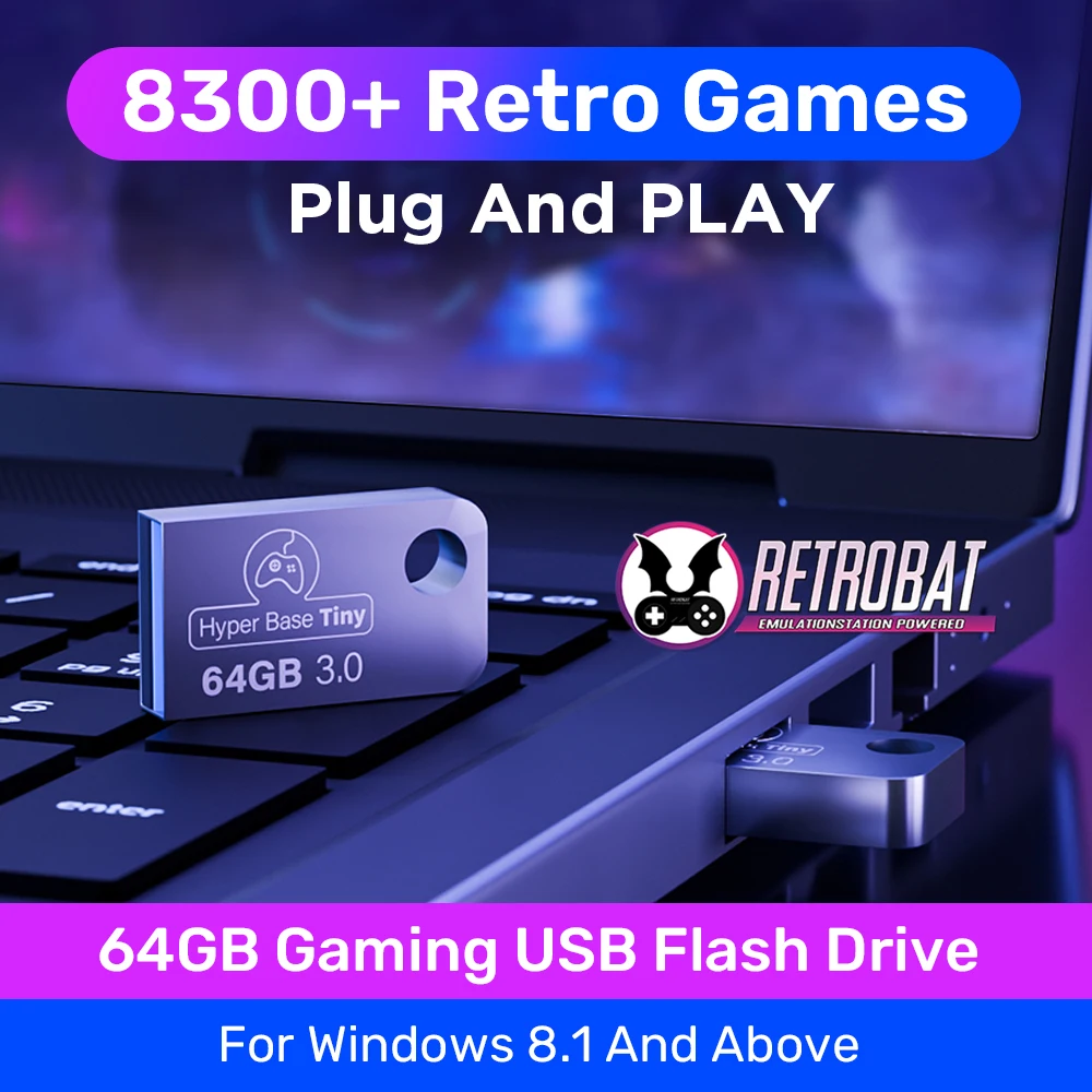 Retrobat 64G Gaming USB-Flash-Laufwerk mit 8300+ Retro-Spielen Plug&Play-Emulatoren für PSP/N64/SNES-Spielekonsolen für PC/Handheld Image