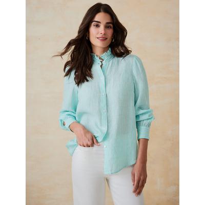J.McLaughlin Women's Julian Linen Shirt in Stripe Aqua/White, Size XS
