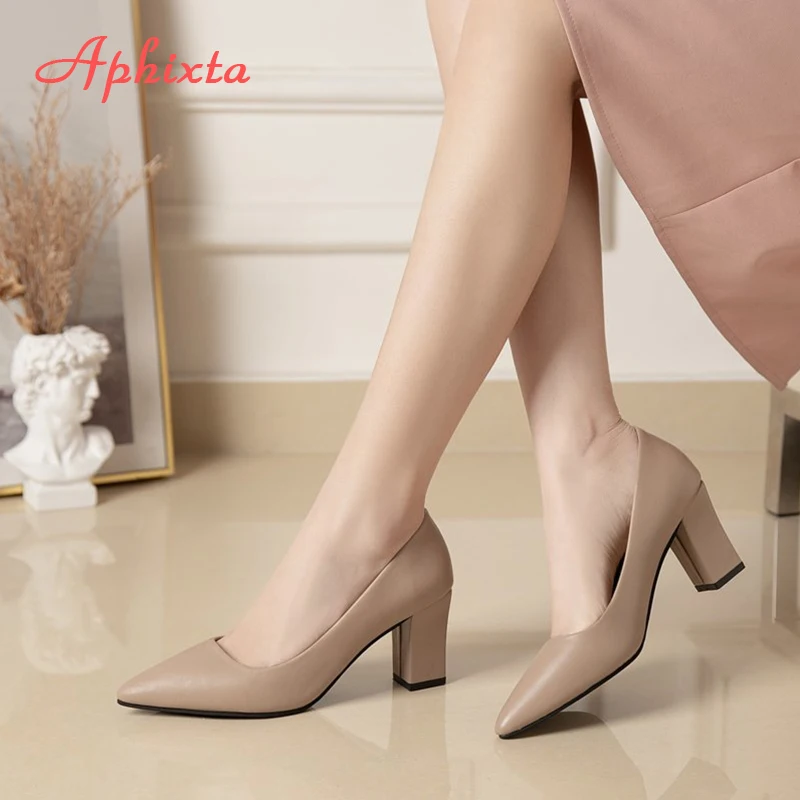 Aphixta Apricot Concise Square Heels Pumps Elegante Damenschuhe Spitzschuh Bürodame Schuh Party Pumps Größe 41