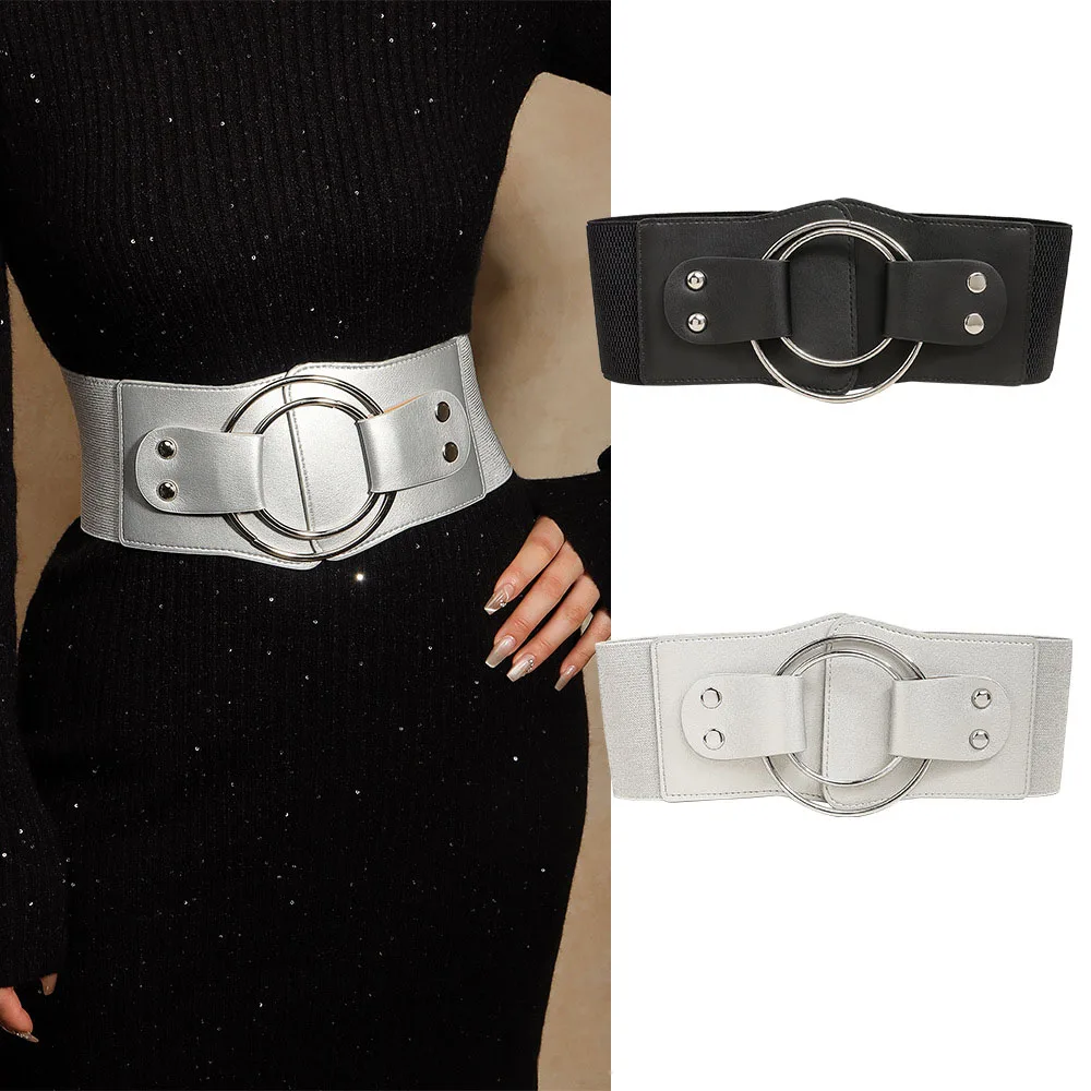 Neue Mode Kreis Breite Version Elastische frauen Taille Abdeckung Doppel Rund Taille Abdeckung Vielseitig Dekorative Gürtel Schwarz Image