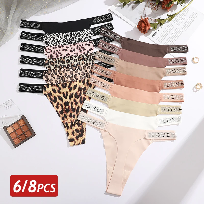 6/8PCS Frauen Eis Seide Nahtlose Höschen Shiny Diamant Sexy Thongs Leopard Print G-String Unterwäsche Damen Niedrigen taille Sexy Lignerie Image