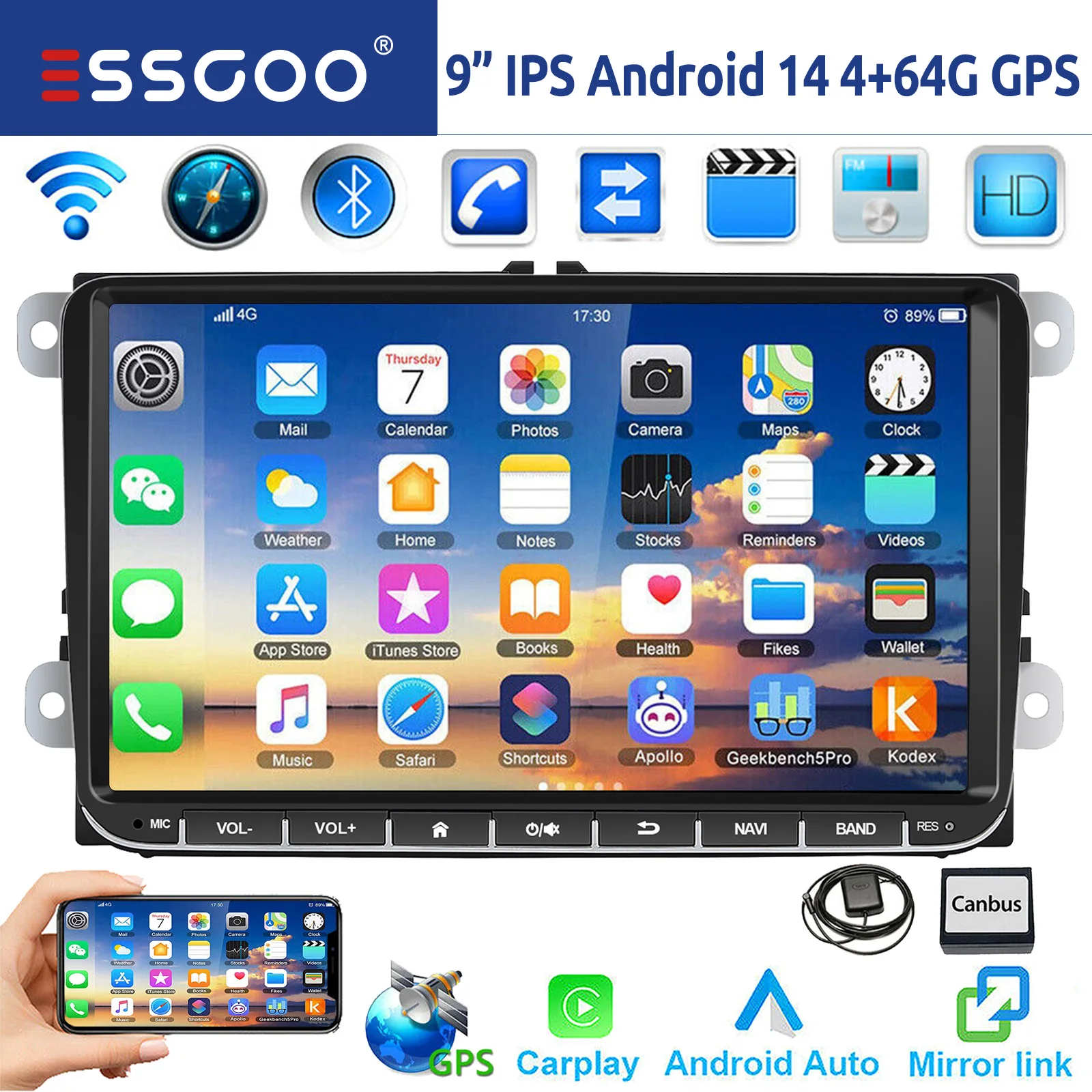 ESSGOO 9" Android 14 4G+64G Autoradio Apple CarPlay GPS NAVI WIFI RDS FM BT für VW Golf 5 6 Passat B6 B7 Polo 6R Touran Tiguan Caddy EOS Jetta T5 Seat Skoda Touchscreen Mirror Link Image