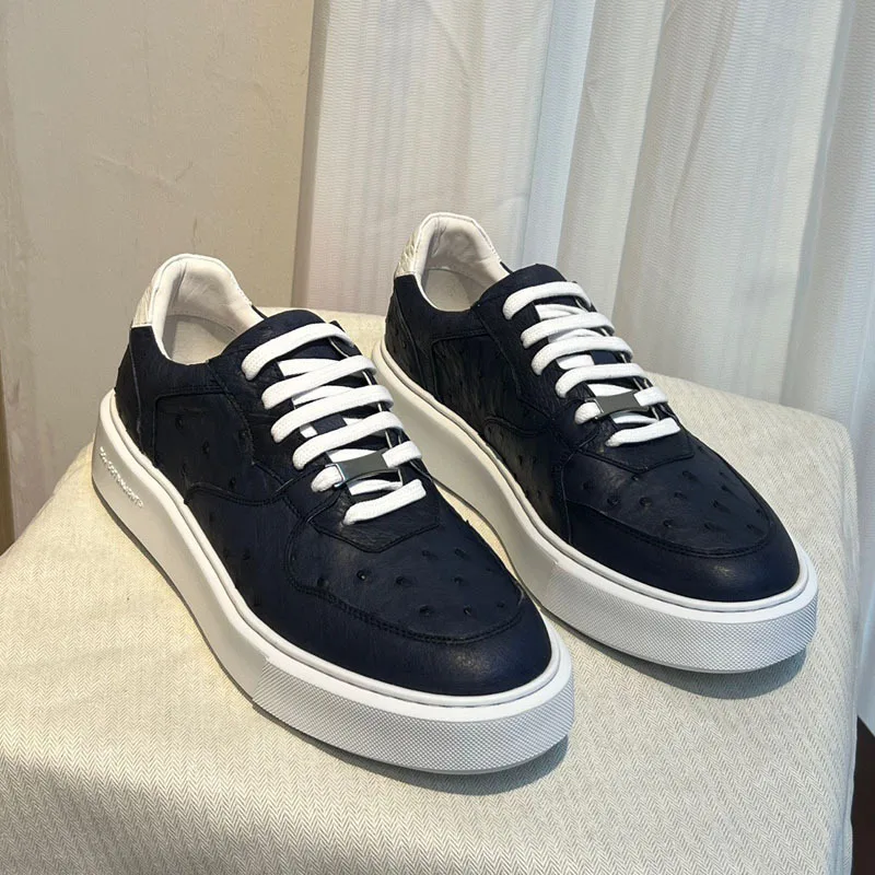 Neue Herrenschuhe Herbst Winter Board Vielseitig Trendy Echtes Straußenleder Wildleder Lässige Mode Schnürung Blaue Herren Lederschuhe