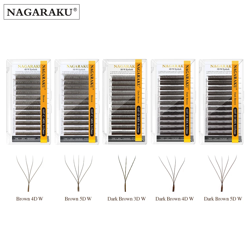 NAGARAKU Braun Dunkelbraun 3D/4D/5D W-Form Handgewellte vorgefertigte Fächer Wimpernverlängerung Volle Wimpern Natürlich weiches Licht Matt dicht Image