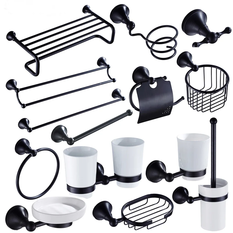 HOAccessrespiration-Ensemble de quincaillerie en laiton noir, porte-serviettes, porte-papier hygiénique T1, brosse de toilette, douche, porte-vaisselle Regina