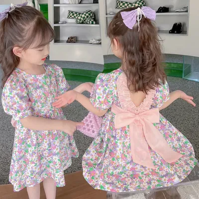 New Girls Summer Dress Backless Heart Allover Daisy Floral Print Bow Comfortable Breathable 2-6