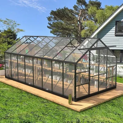 8x16 FT Polycarbonate Greenhouse with 4 Adjustable Roof Vents, Sliding Door, UV-Resistant Panels,
