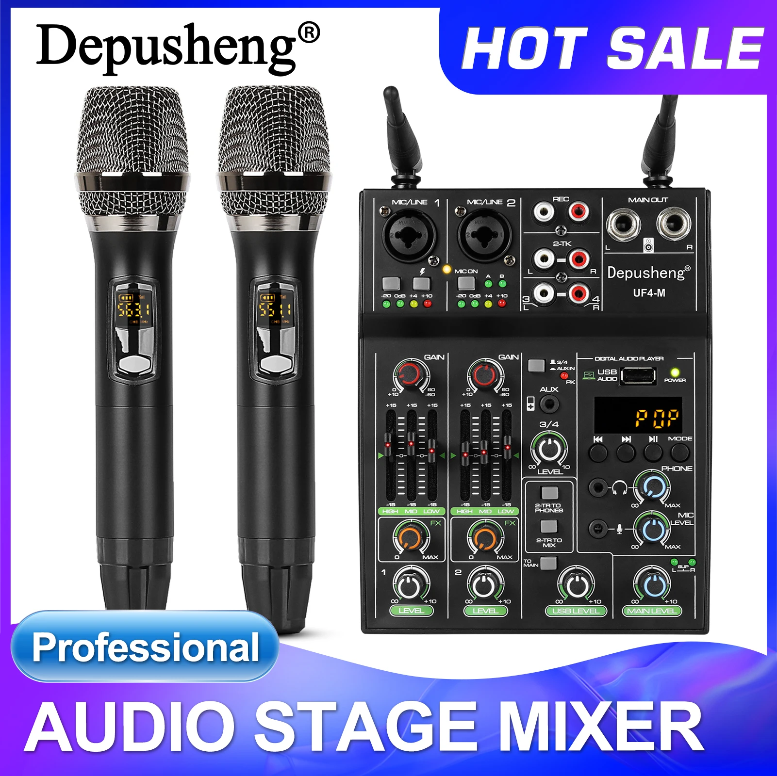 Audio Mixer 4 Channel High Power Amplifie Sound mixing with Microphone Depusheng UF4-M Digital Board Console for Karaoke Stage