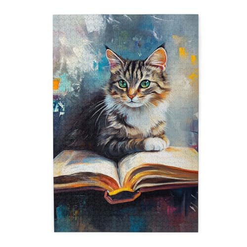 Cafemira Puzzle For Adults 1000 Pcs,Wooden Jigsaw,Oil Painting Cats And Books,Hands On Assembly Of Your Home Decor Wall Art,Relax And Enjoy The Fun Of Solving Puzzles,Every Piece Is Unique
