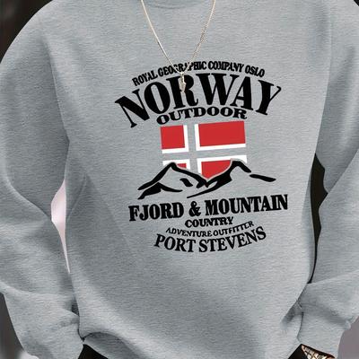 TEMU Norway Flag With Mountain , Men's Trendy Crew Neck Long Sleeve Sweatshirt, Men's Casual Comfy Long Sleeve Pullover For , Men' Image